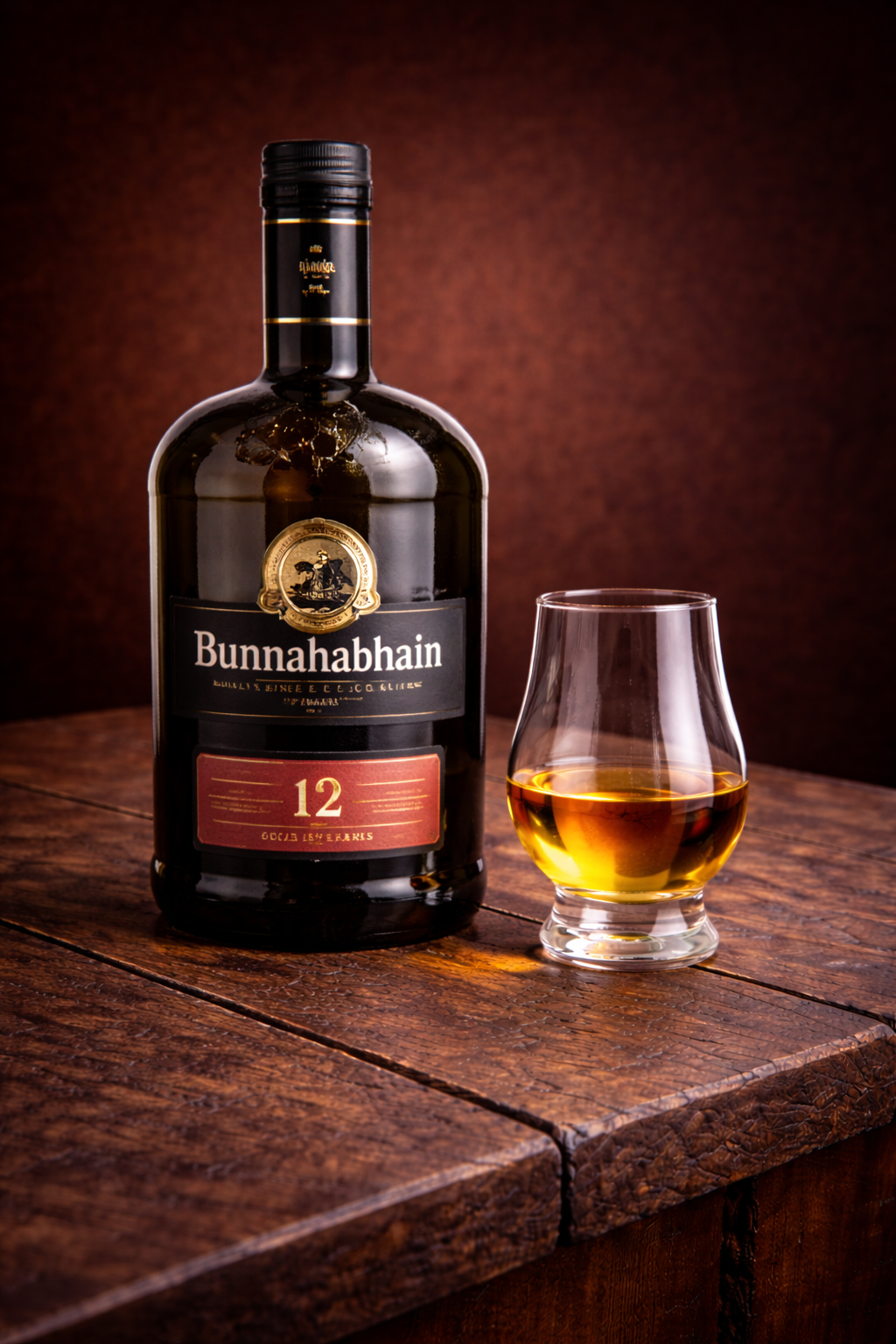 bunnahabhain 12 year review bottle and glass