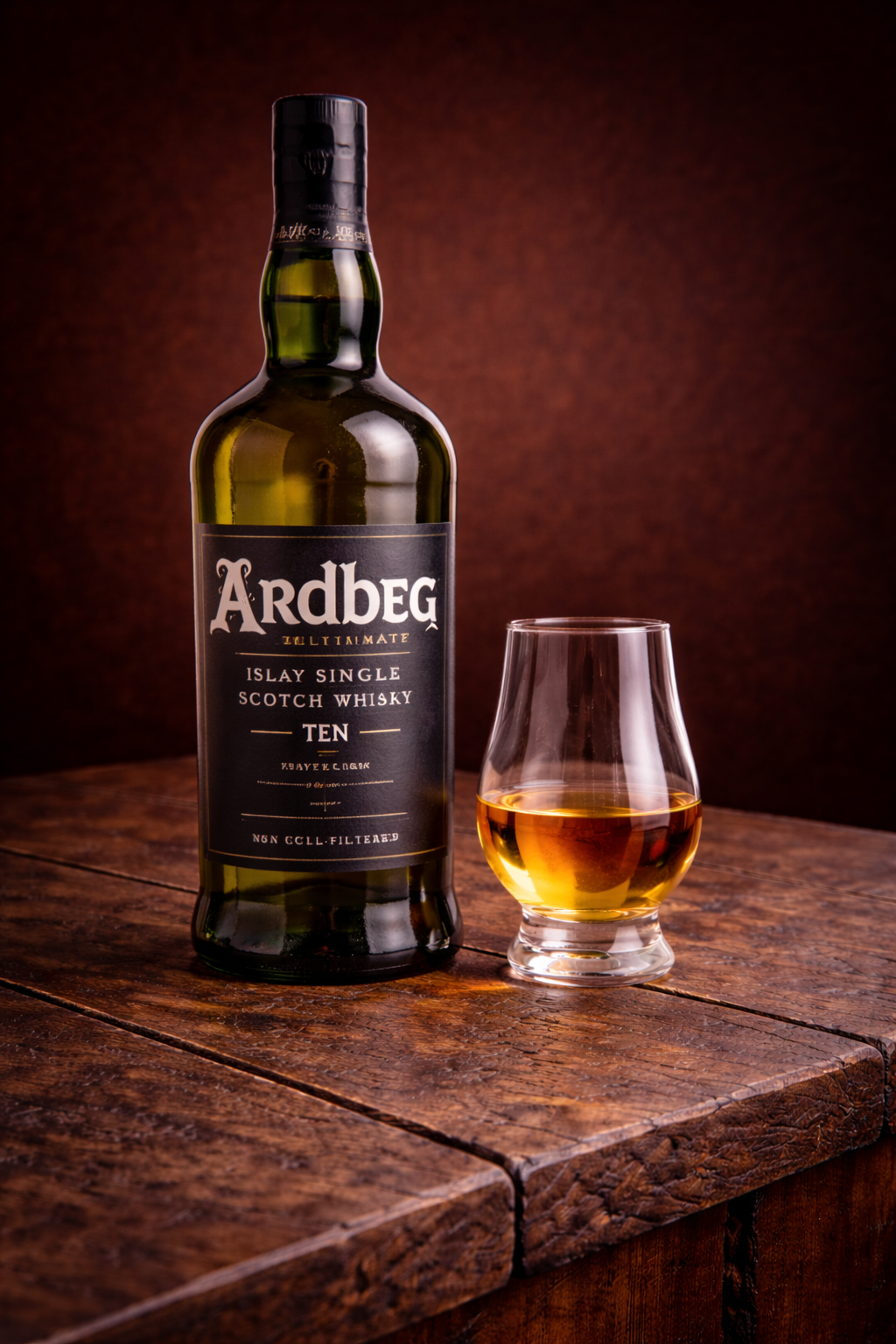 ardbeg 10 year review bottle and glass
