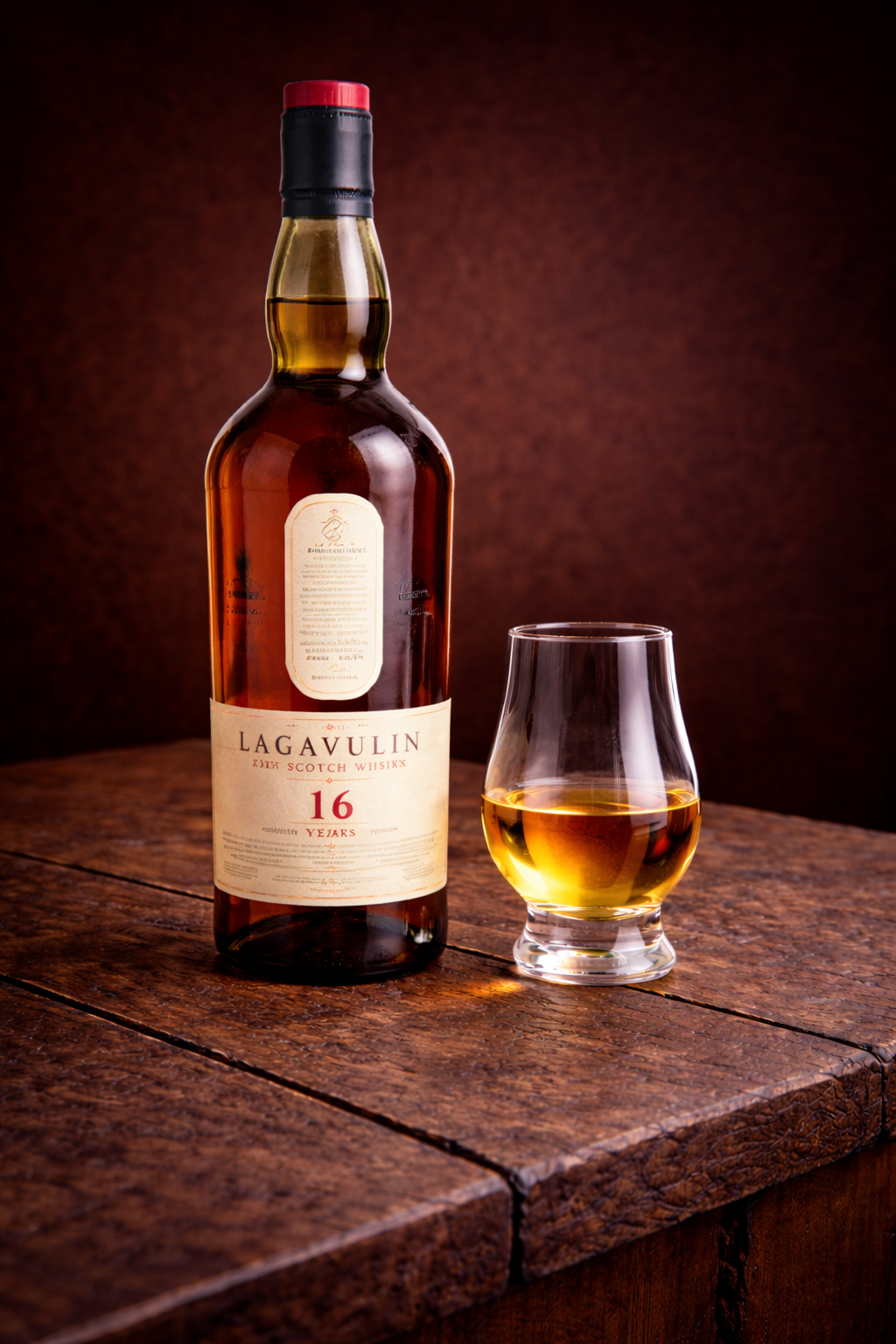 lagavulin 16 year review bottle and glass