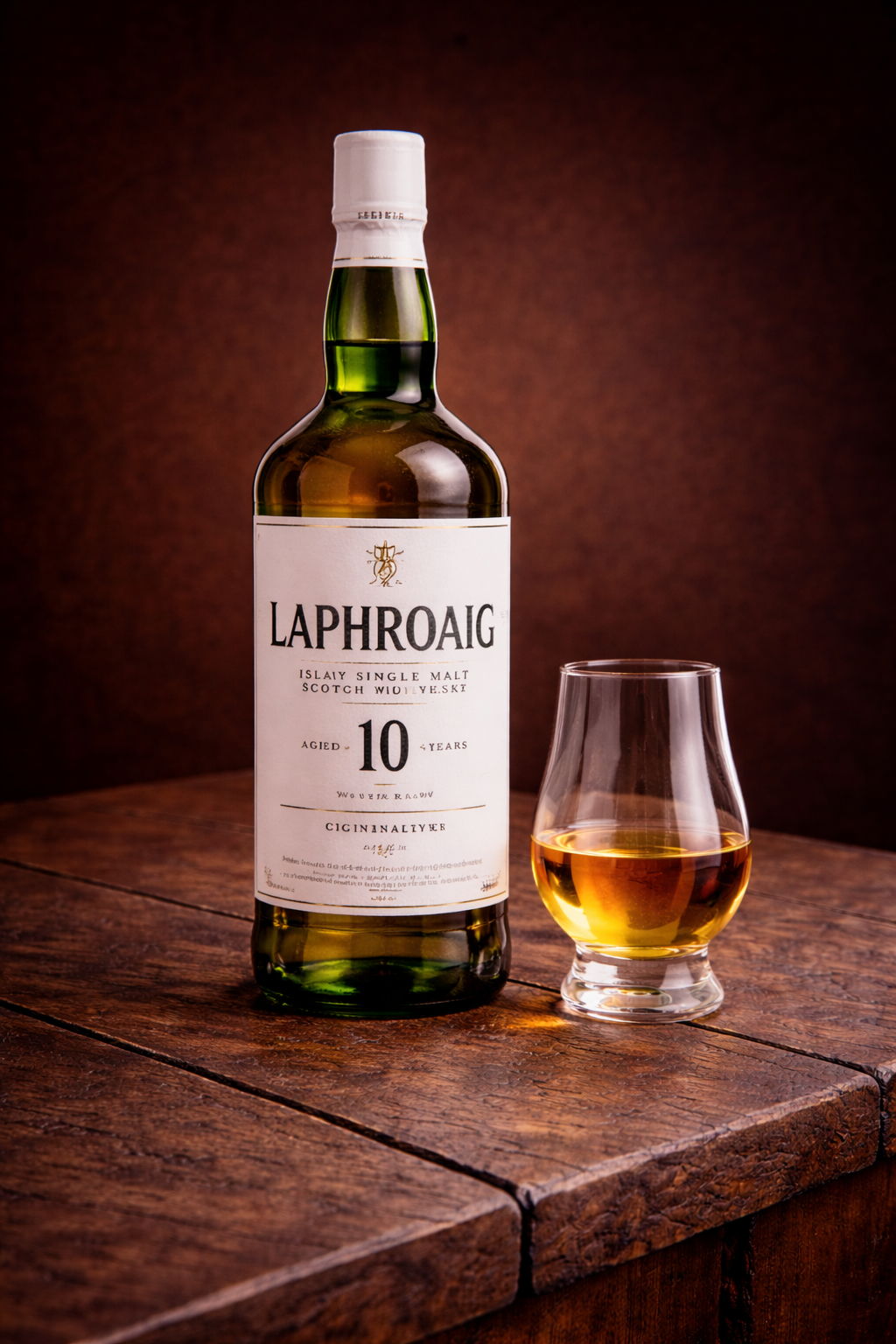 laphroaig 10 year review bottle and glass
