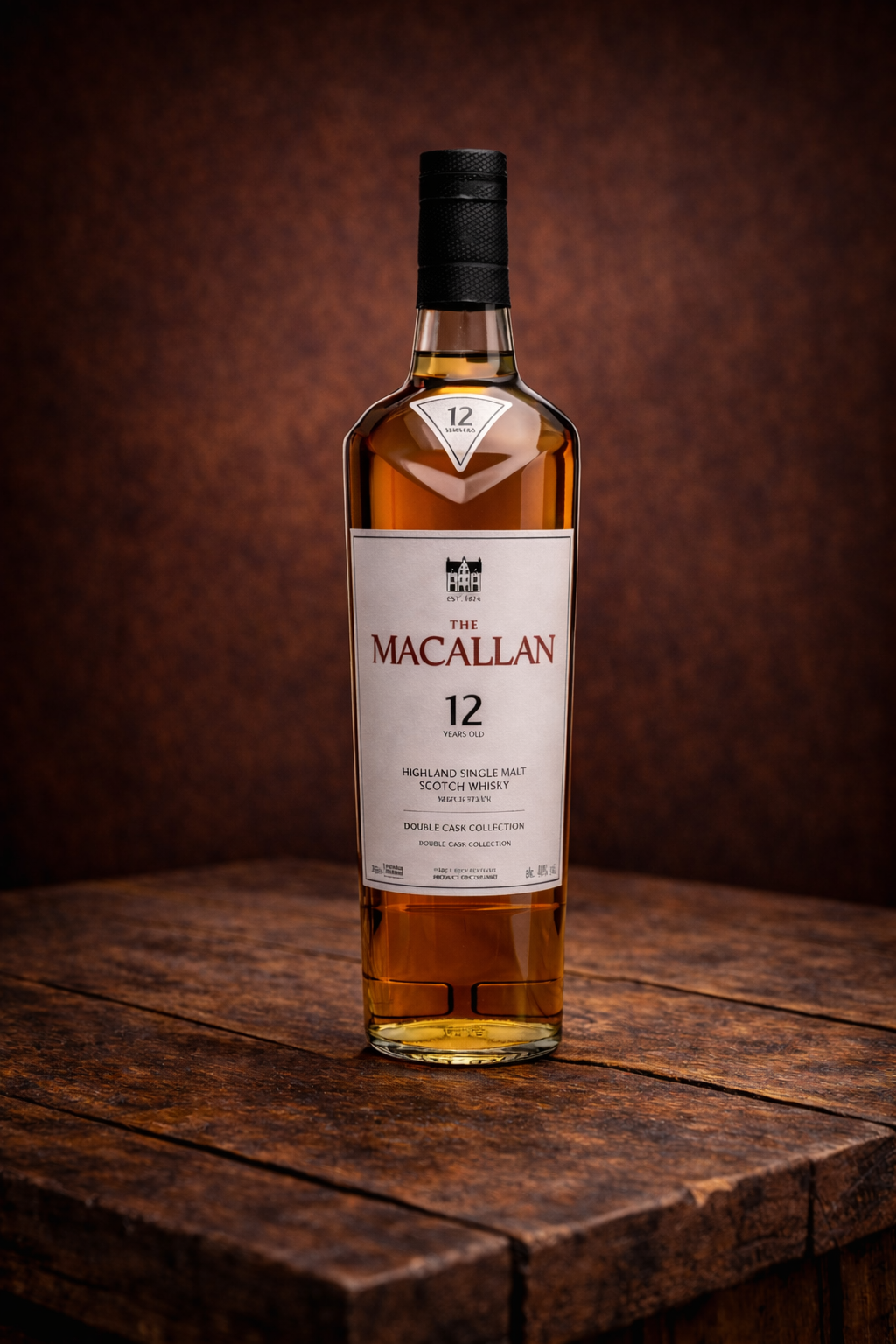 The Macallan 12 Year Old Double Cask bottle on Whiskey Club premium beige background